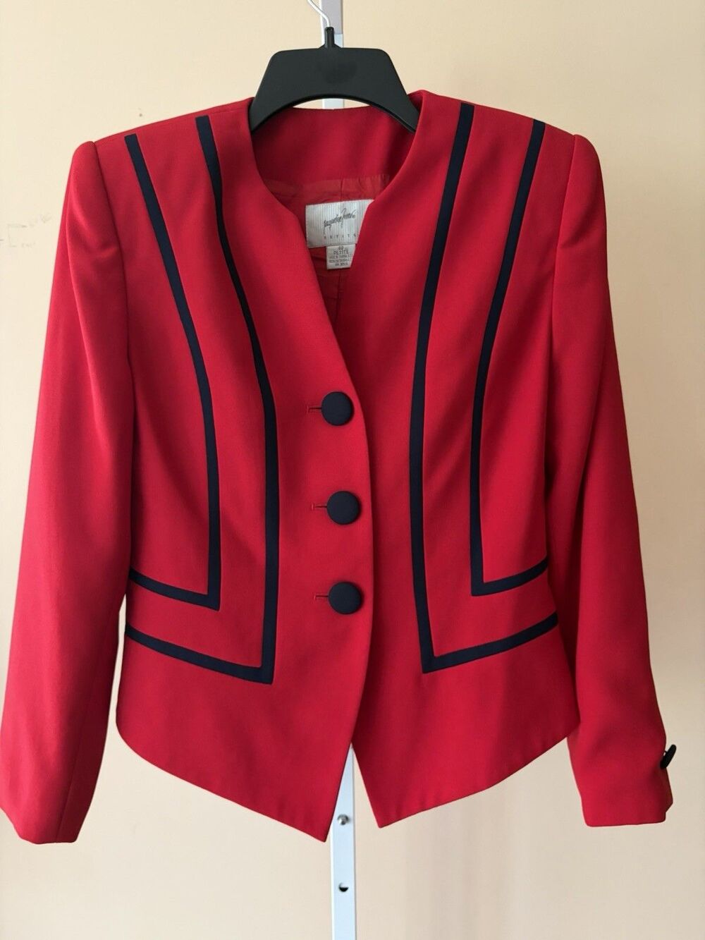 Vtg. Jacqueline Ferrar Blazer Jacket Women Red Navy Wool Stitch 4P Tailored Y2K